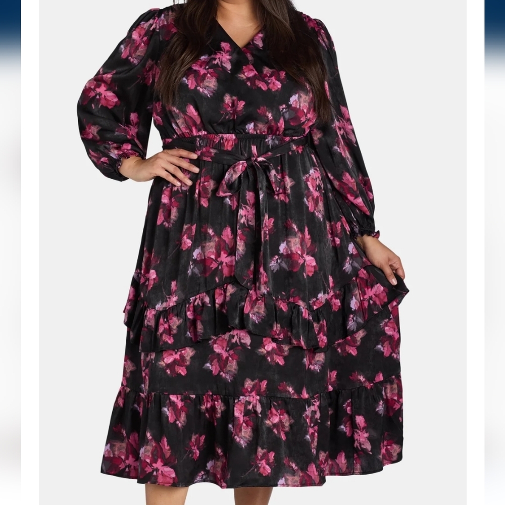 Terra & Sky Pink and Black Ruffled Tiered Long Sleeve Sundress